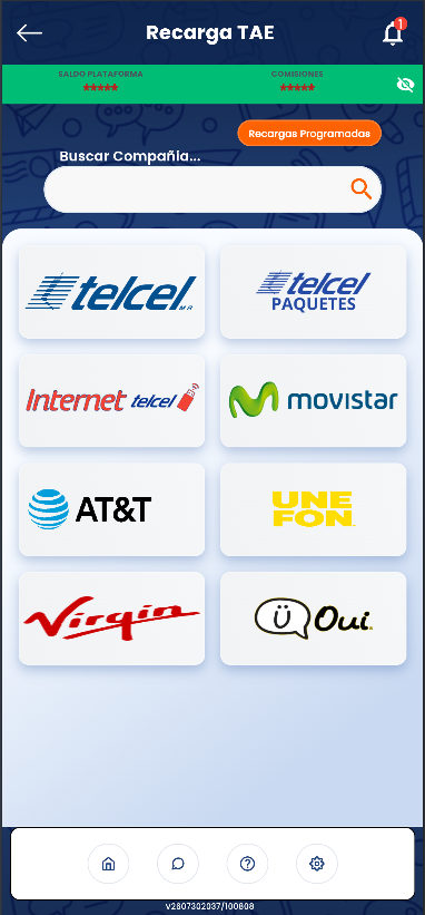 Vista de la app para recargas TAE